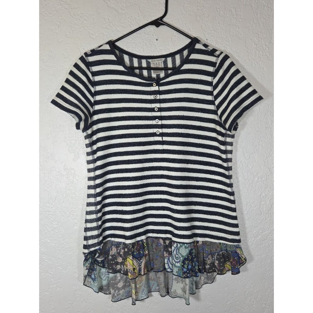 John Mark Women's Striped Terry Cloth Colorful Hem Blouse Medium Short Sleeve